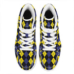 Yellow Black And Blue Argyle Print High Top Leather Sneakers
