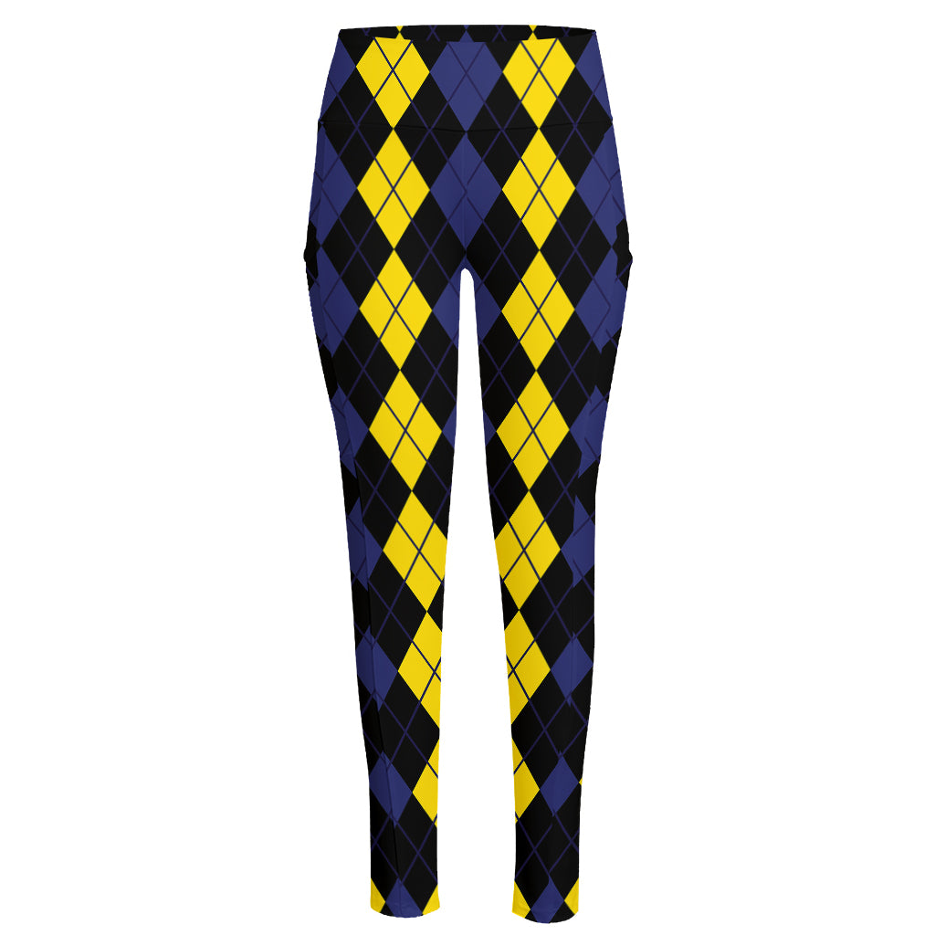 Yellow Black And Blue Argyle Print High-Waisted Pocket Leggings