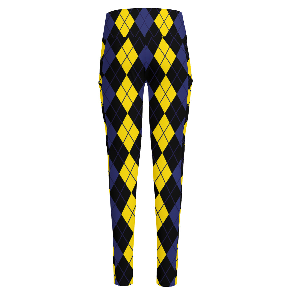 Yellow Black And Blue Argyle Print High-Waisted Pocket Leggings