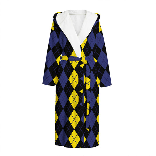 Yellow Black And Blue Argyle Print Hooded Bathrobe