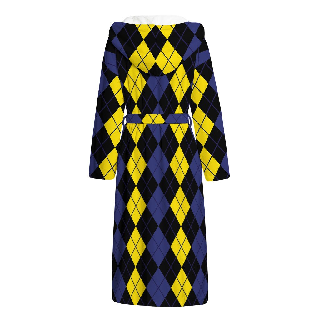 Yellow Black And Blue Argyle Print Hooded Bathrobe