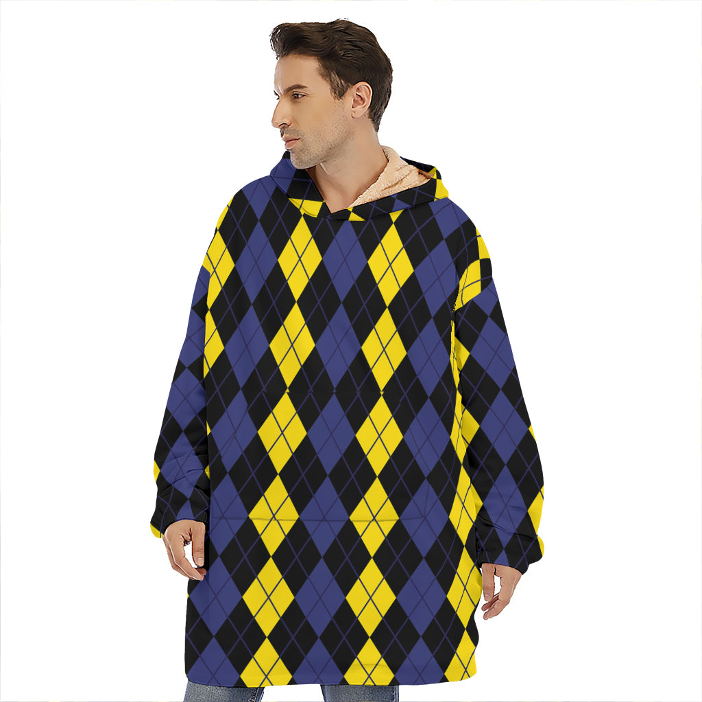 Yellow Black And Blue Argyle Print Hoodie Blanket