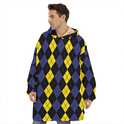 Yellow Black And Blue Argyle Print Hoodie Blanket