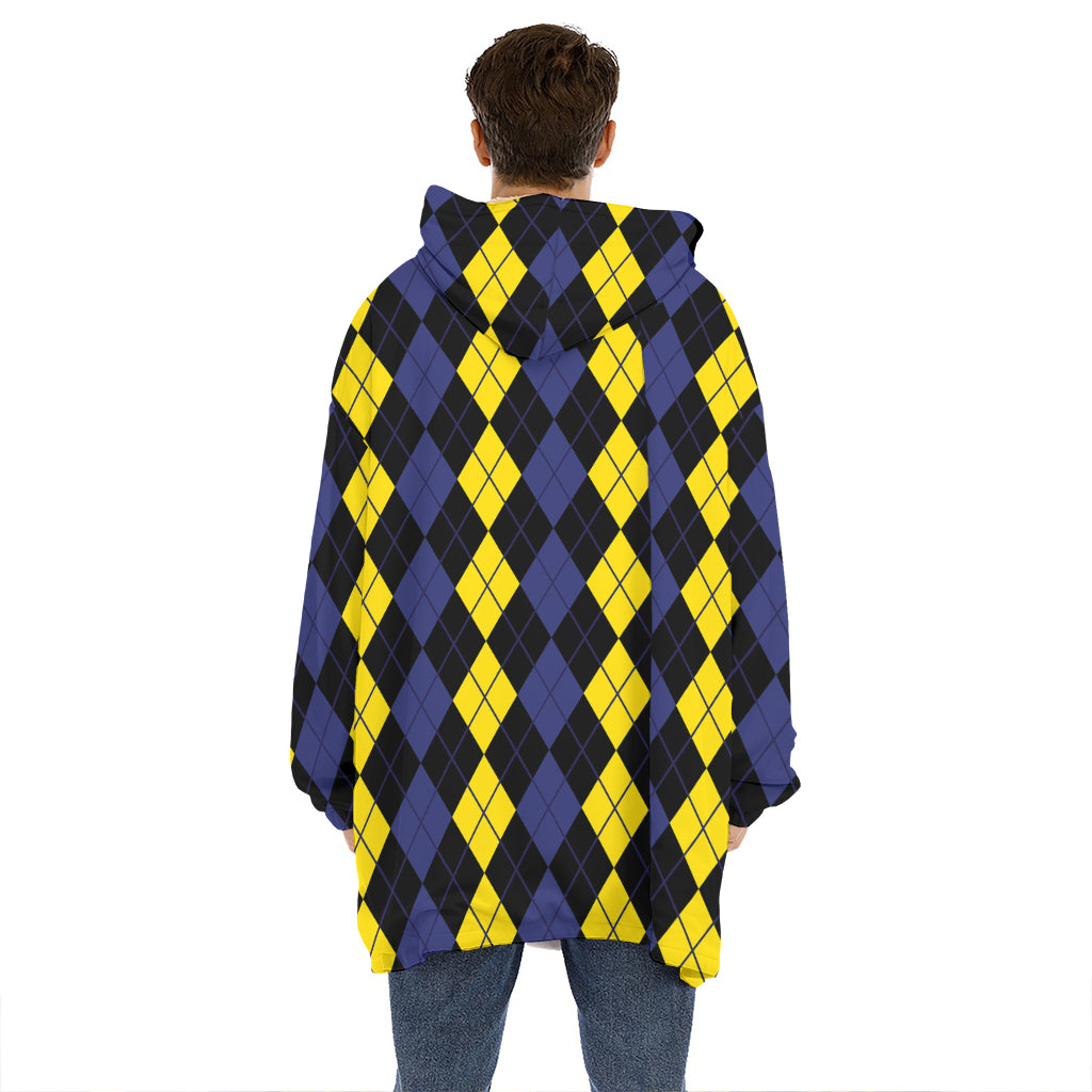 Yellow Black And Blue Argyle Print Hoodie Blanket