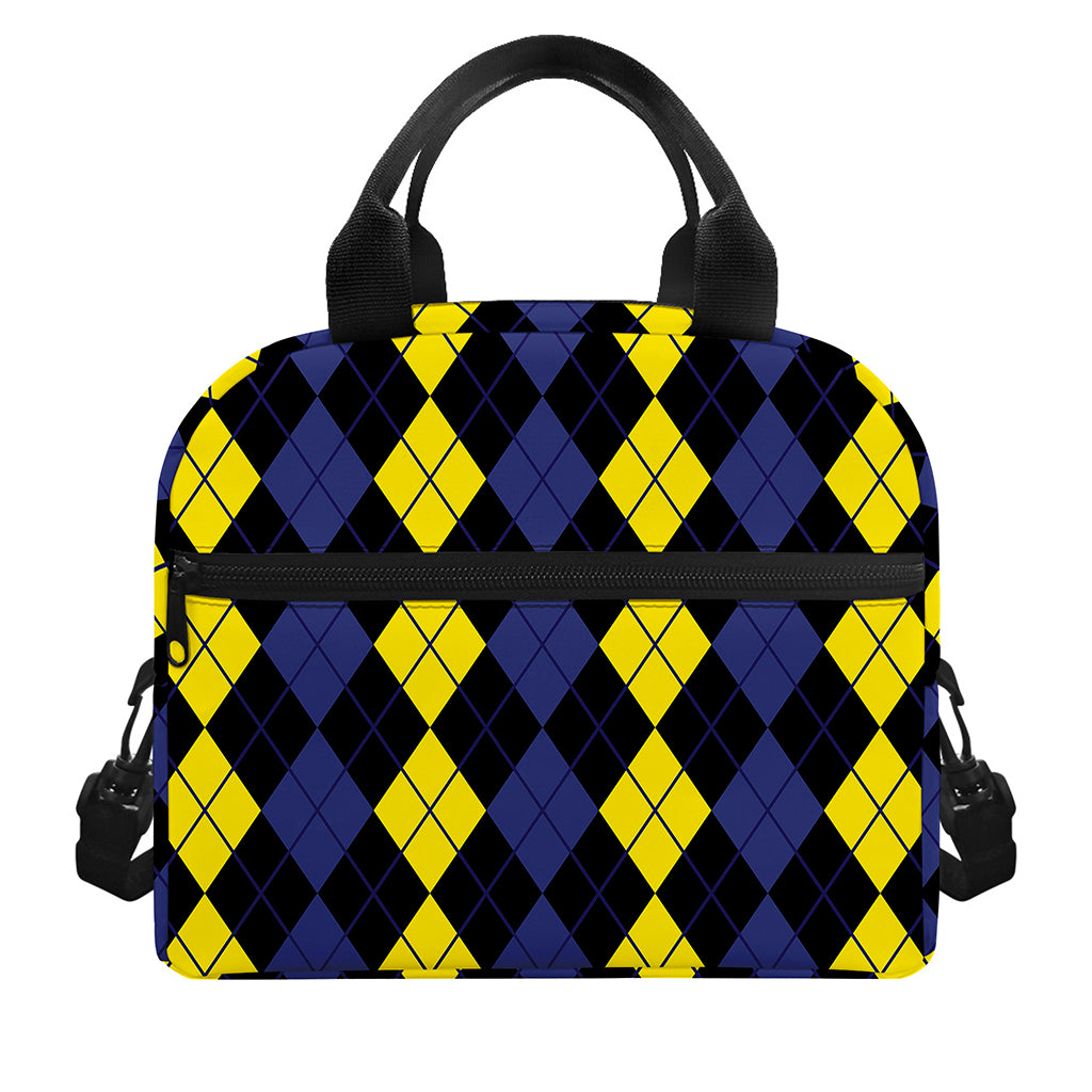 Yellow Black And Blue Argyle Print Insulated Lunch Bag