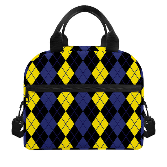 Yellow Black And Blue Argyle Print Insulated Lunch Bag