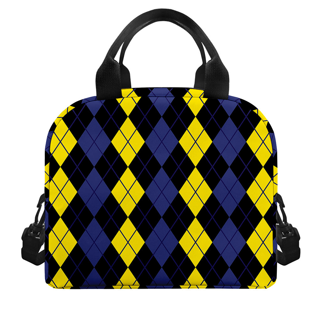 Yellow Black And Blue Argyle Print Insulated Lunch Bag