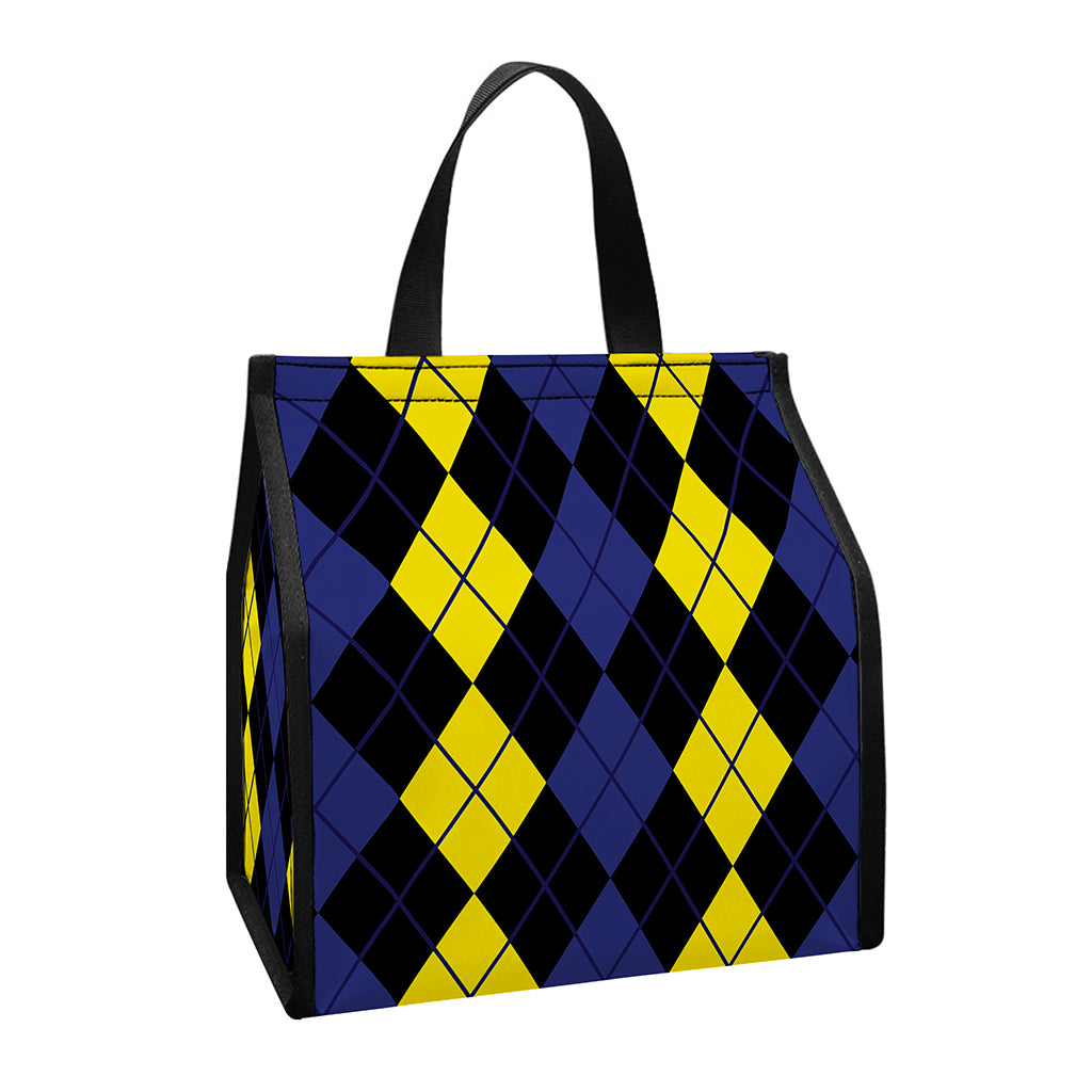 Yellow Black And Blue Argyle Print Insulated Lunch Tote
