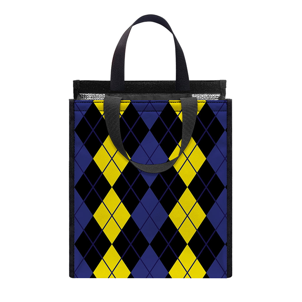 Yellow Black And Blue Argyle Print Insulated Lunch Tote