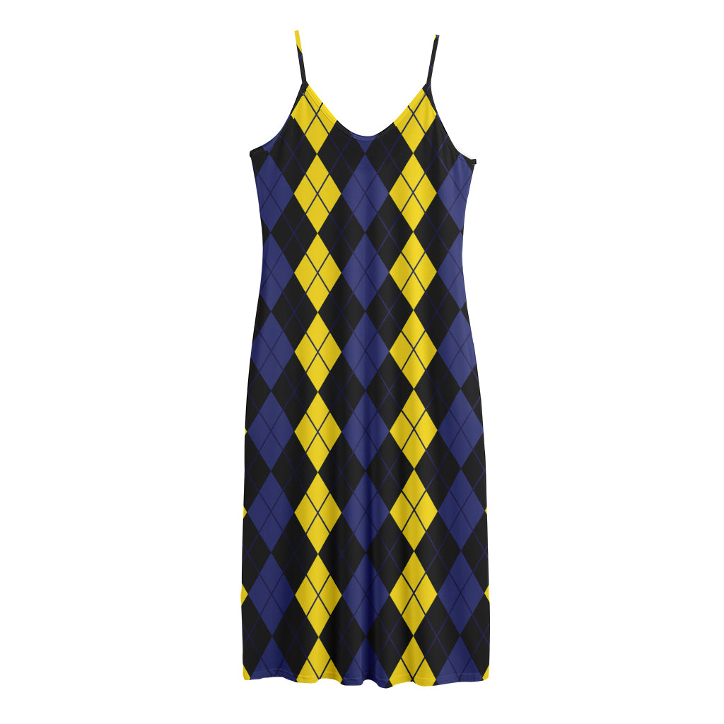 Yellow Black And Blue Argyle Print Jersey Midi Cami Dress