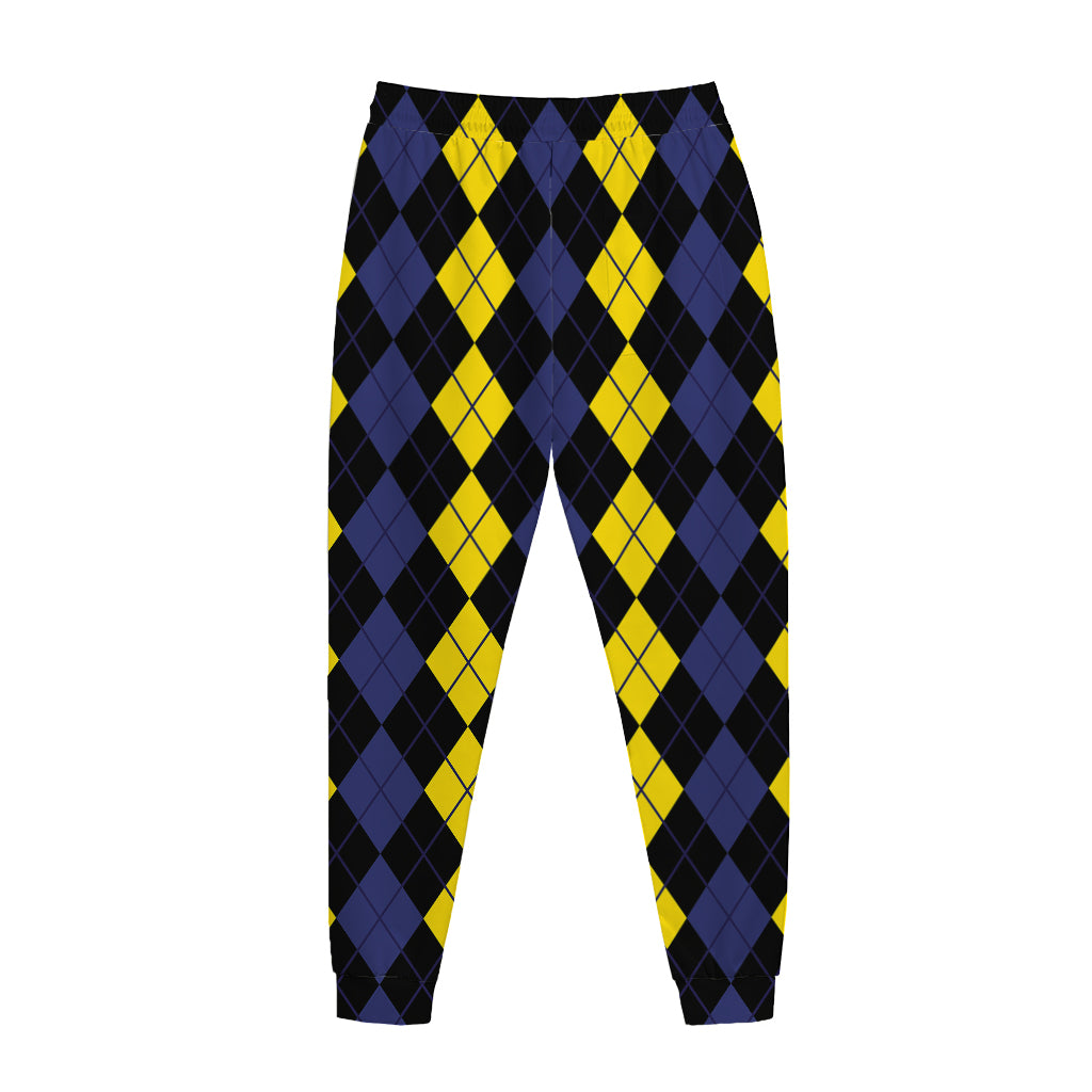 Yellow Black And Blue Argyle Print Jogger Pants