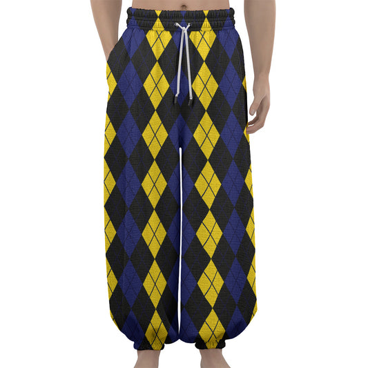 Yellow Black And Blue Argyle Print Lantern Pants