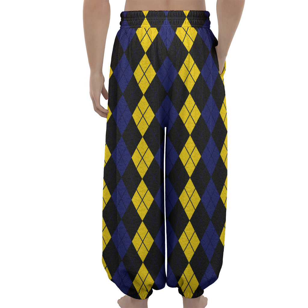 Yellow Black And Blue Argyle Print Lantern Pants