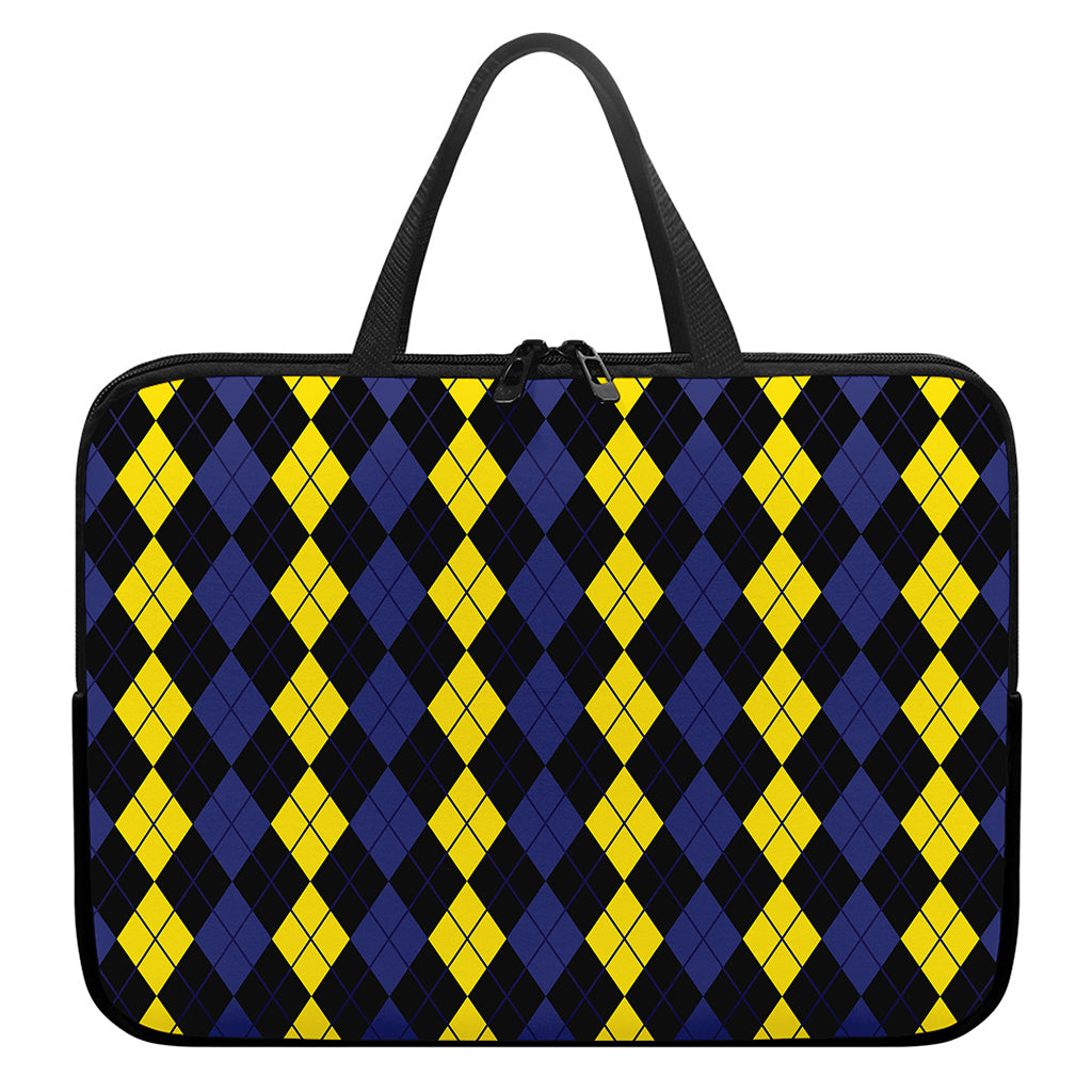 Yellow Black And Blue Argyle Print Laptop Sleeve With Handle