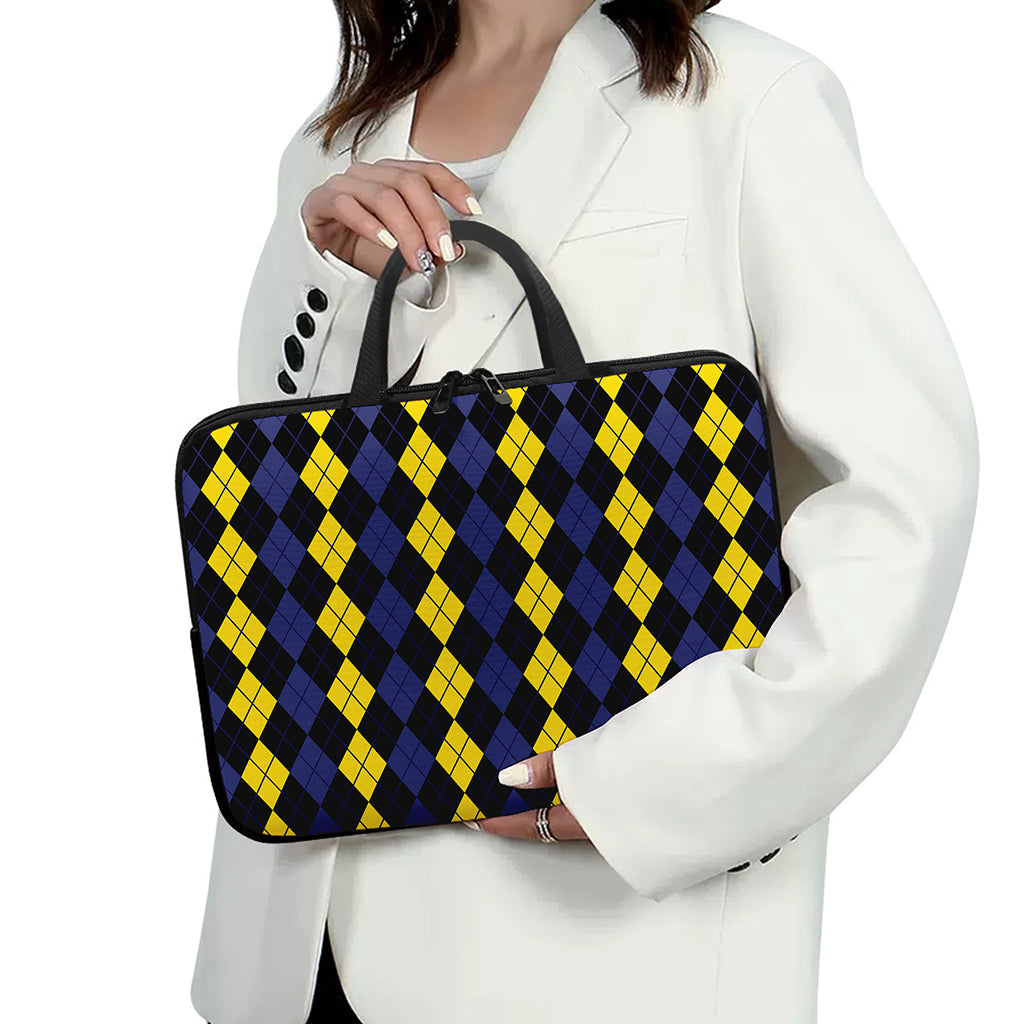 Yellow Black And Blue Argyle Print Laptop Sleeve With Handle
