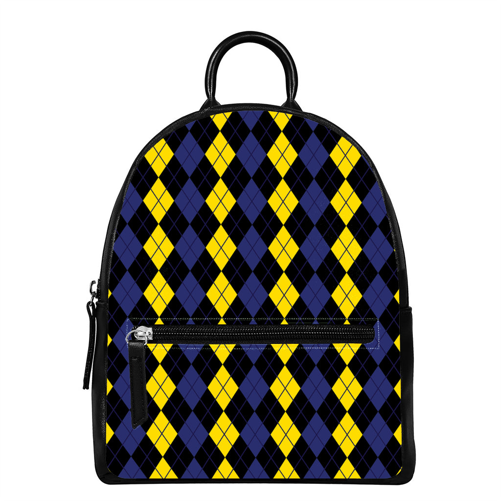 Yellow Black And Blue Argyle Print Leather Backpack