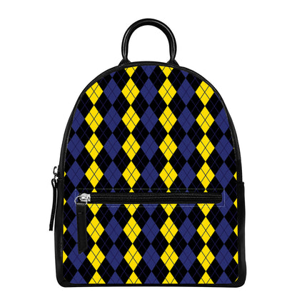 Yellow Black And Blue Argyle Print Leather Backpack