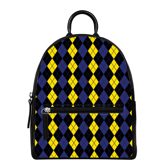 Yellow Black And Blue Argyle Print Leather Backpack
