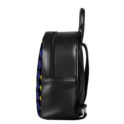 Yellow Black And Blue Argyle Print Leather Backpack