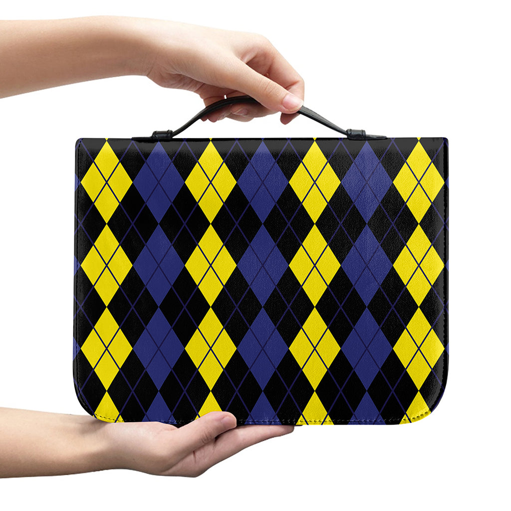 Yellow Black And Blue Argyle Print Leather Bible Cover
