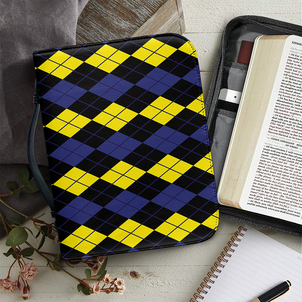 Yellow Black And Blue Argyle Print Leather Bible Cover
