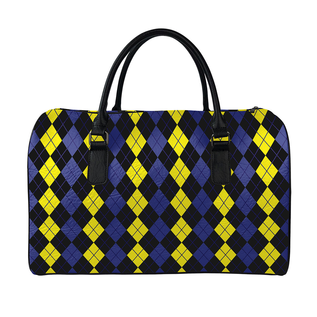Yellow Black And Blue Argyle Print Leather Duffle Bag