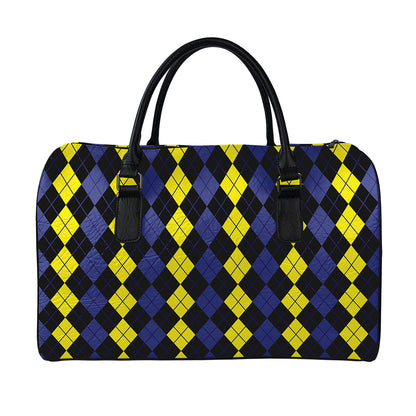 Yellow Black And Blue Argyle Print Leather Duffle Bag