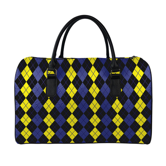 Yellow Black And Blue Argyle Print Leather Duffle Bag
