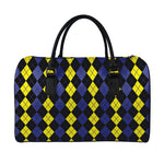 Yellow Black And Blue Argyle Print Leather Duffle Bag