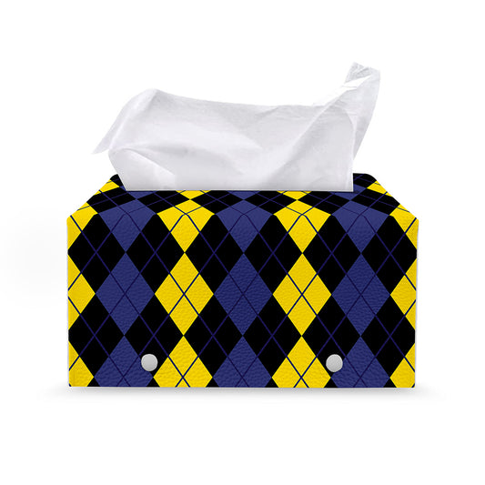 Yellow Black And Blue Argyle Print Leather Tissue Box Cover