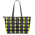 Yellow Black And Blue Argyle Print Leather Tote Bag With Zipper