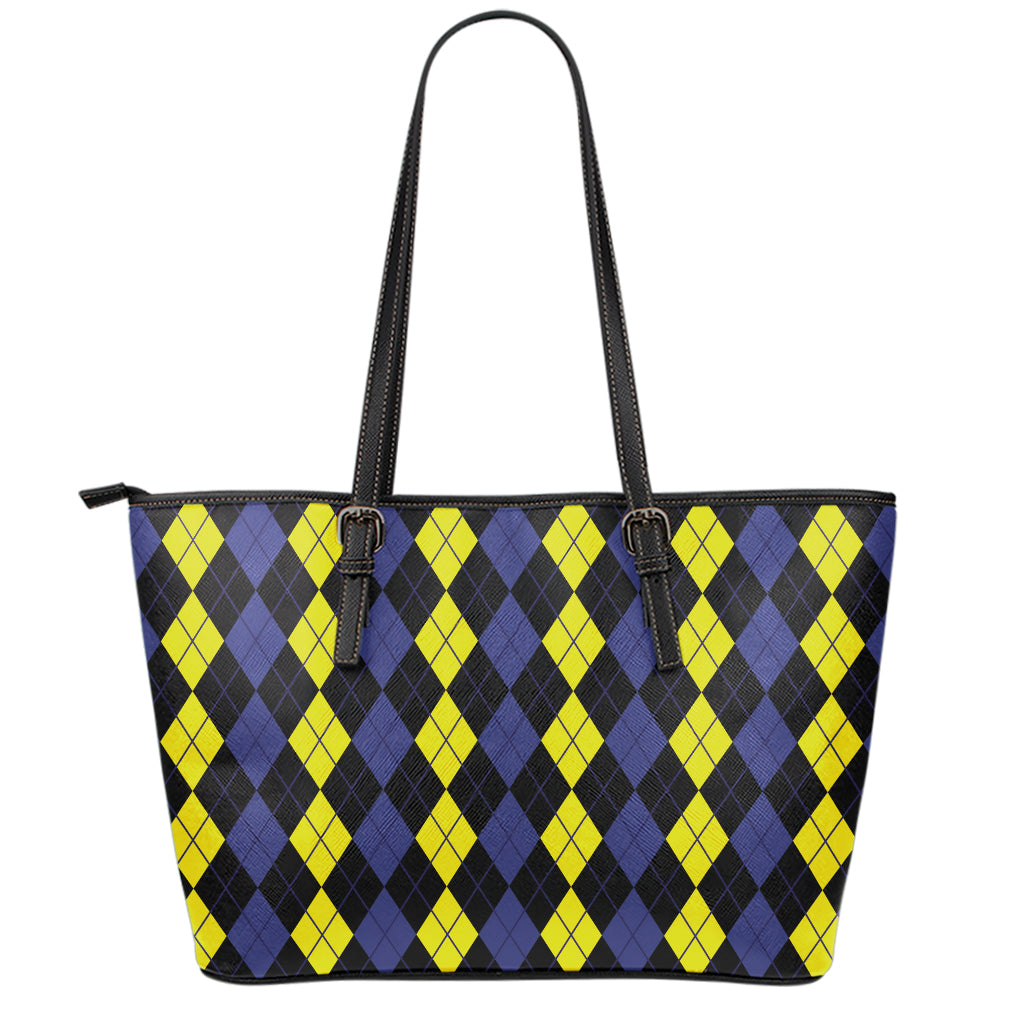 Yellow Black And Blue Argyle Print Leather Tote Bag