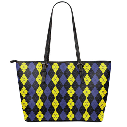 Yellow Black And Blue Argyle Print Leather Tote Bag