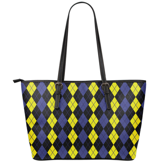 Yellow Black And Blue Argyle Print Leather Tote Bag