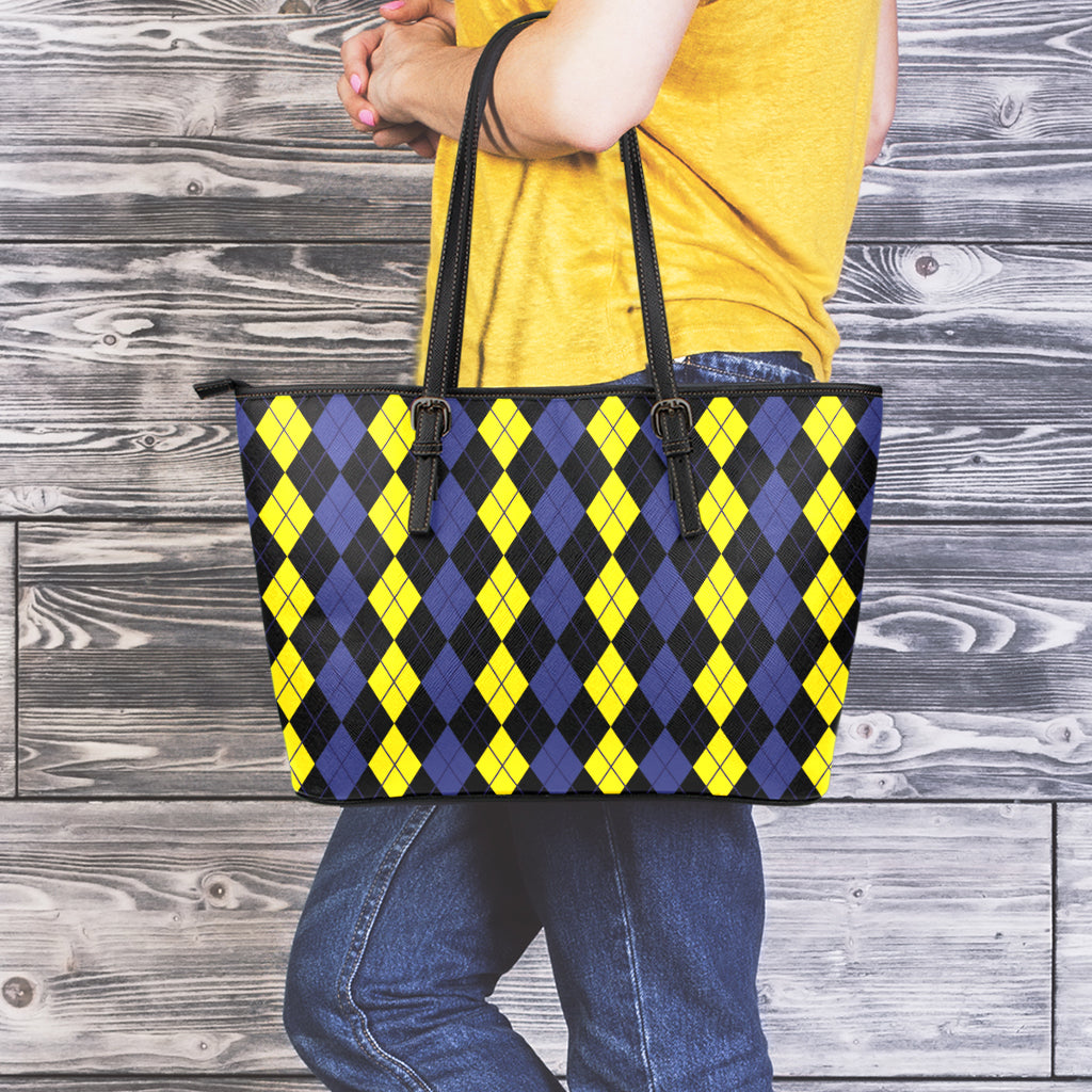 Yellow Black And Blue Argyle Print Leather Tote Bag