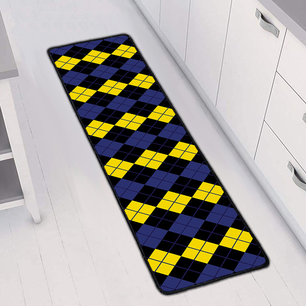 Yellow Black And Blue Argyle Print Long Kitchen Mat