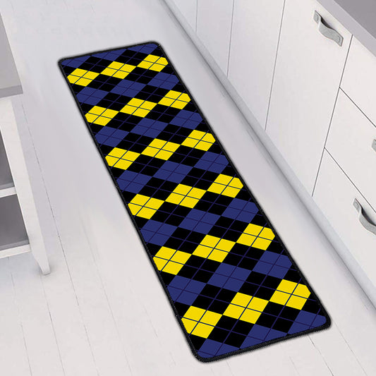 Yellow Black And Blue Argyle Print Long Kitchen Mat