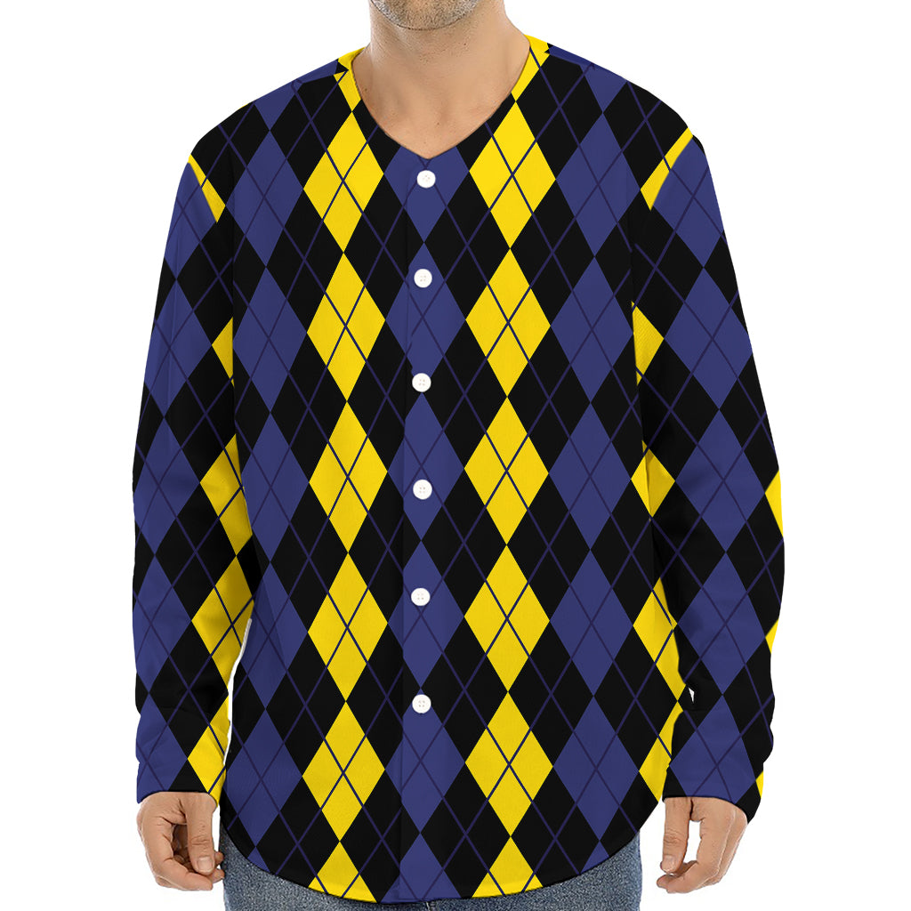 Yellow Black And Blue Argyle Print Long Sleeve Baseball Jersey