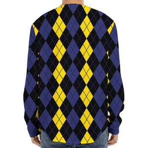 Yellow Black And Blue Argyle Print Long Sleeve Baseball Jersey