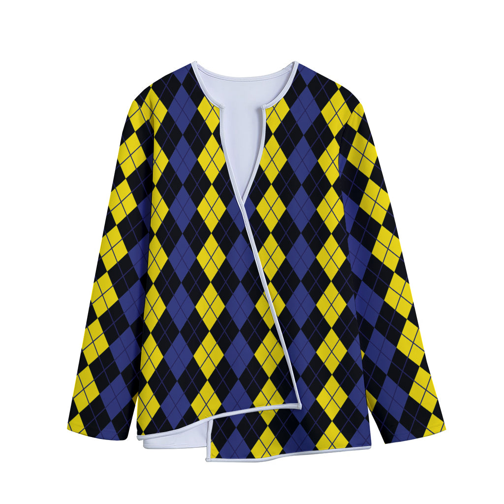 Yellow Black And Blue Argyle Print Long Sleeve Short Coat