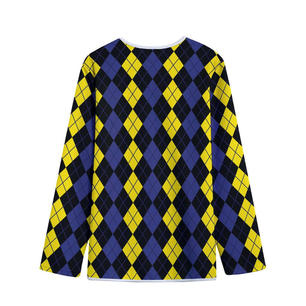 Yellow Black And Blue Argyle Print Long Sleeve Short Coat