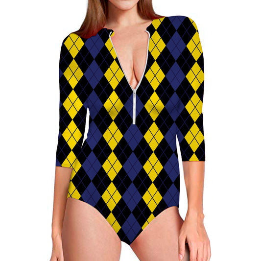 Yellow Black And Blue Argyle Print Long Sleeve Swimsuit
