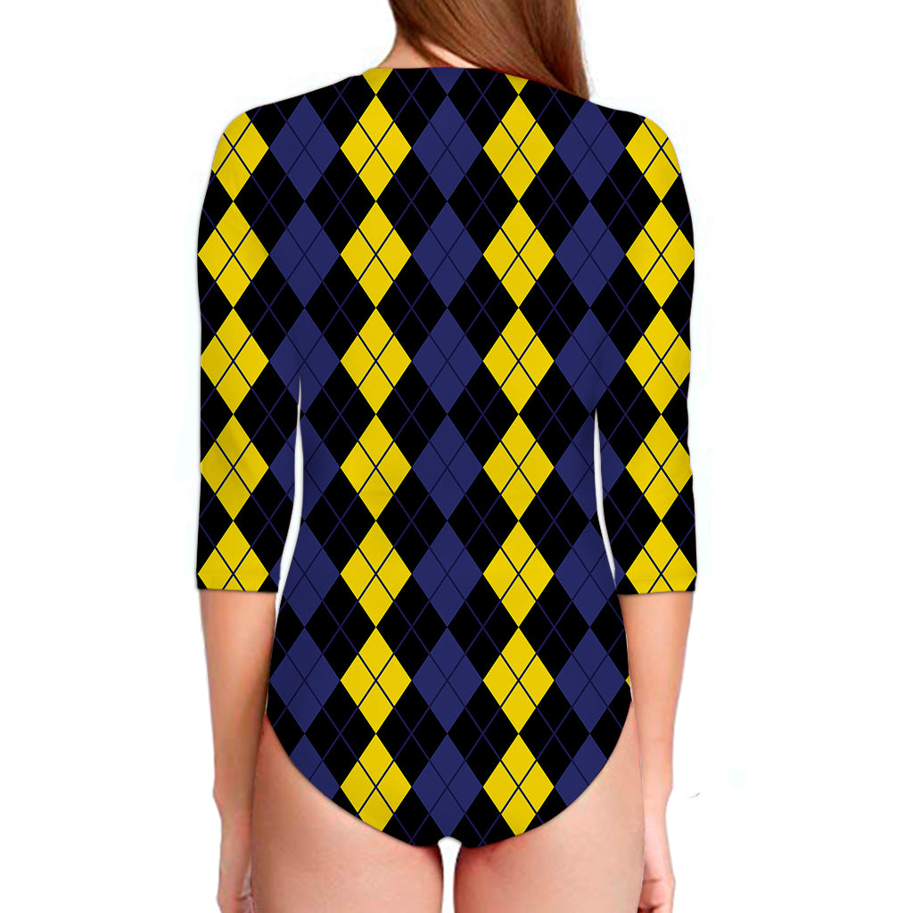 Yellow Black And Blue Argyle Print Long Sleeve Swimsuit