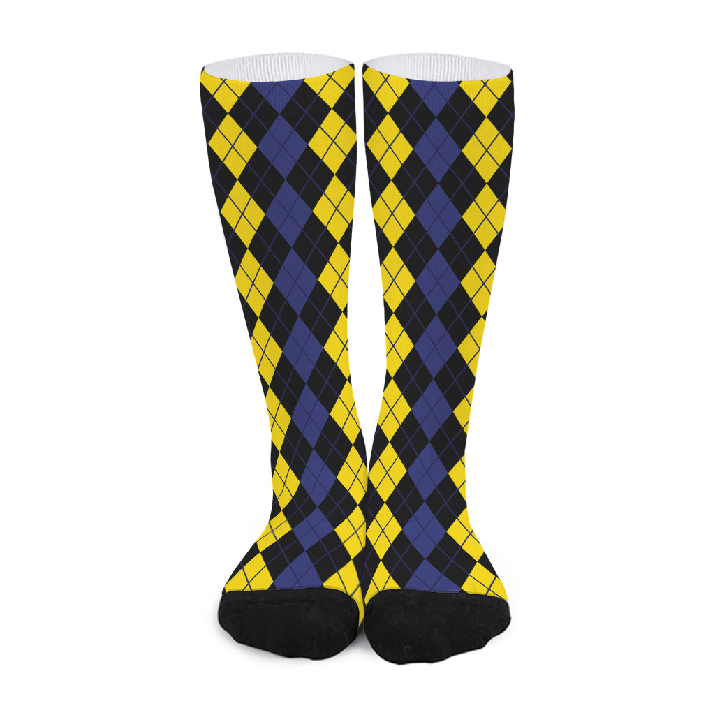 Yellow Black And Blue Argyle Print Long Socks