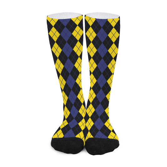 Yellow Black And Blue Argyle Print Long Socks