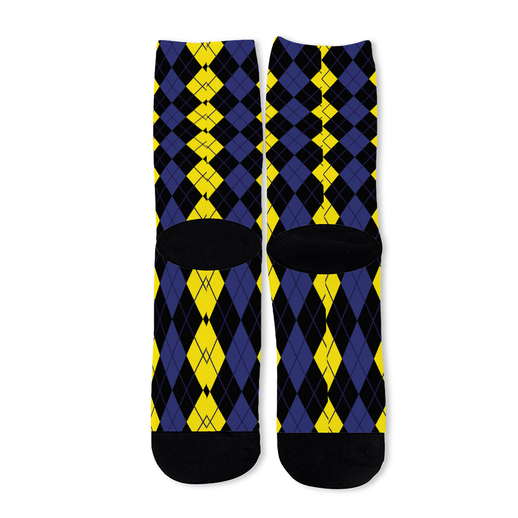 Yellow Black And Blue Argyle Print Long Socks