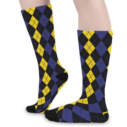 Yellow Black And Blue Argyle Print Long Socks