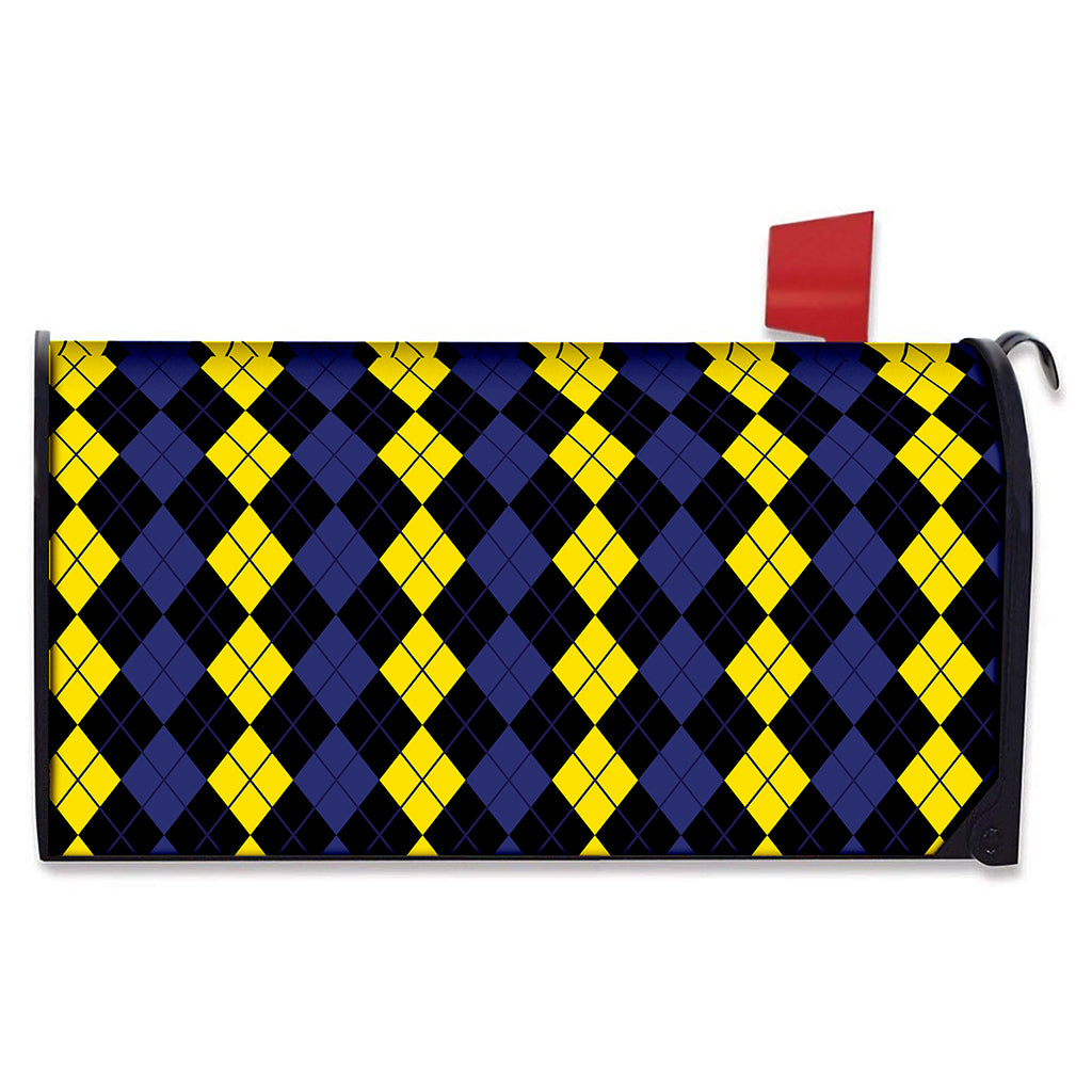 Yellow Black And Blue Argyle Print Mailbox Cover