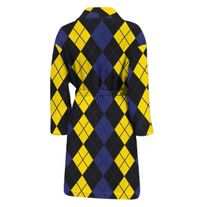 Yellow Black And Blue Argyle Print Men's Bathrobe