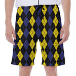 Yellow Black And Blue Argyle Print Men's Beach Shorts